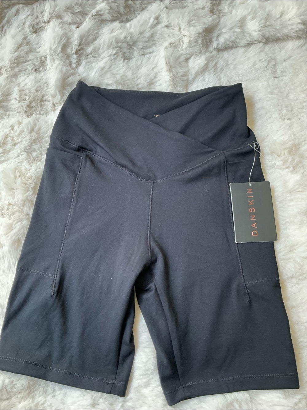 DANSKIN Black Crossover High-Waist Bike Shorts with Side Pockets